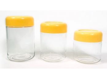 Vintage Heller Canisters Set, Mid Century Modern Glass Jars With Yellow Plastic Lids