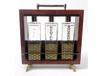Mid Century Liquor Caddy With Bottles For Rye Scotch Bourbon