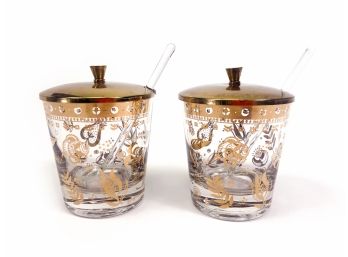 Vintage Georges Briard Condiment Jar With Brass Lid, Glass Spoon, Persian Garden Design