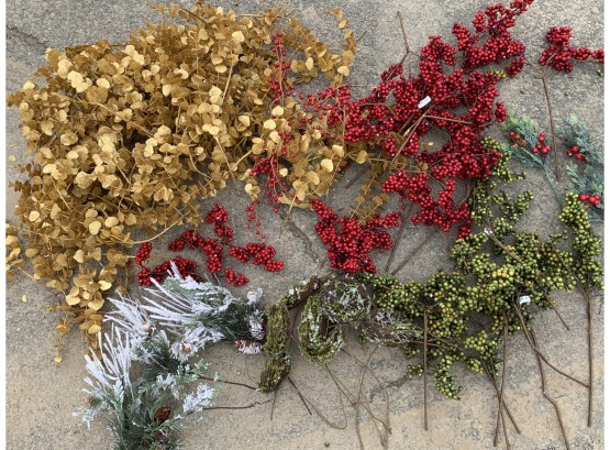 Decorative Holiday Foliage Picks In Gold, Green & Red