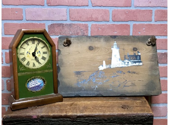 Wood Lighthouse Plaque And Clock