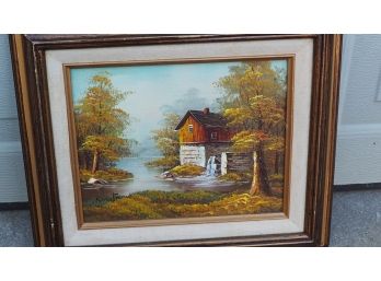 Vintage Oils Of Waterwheel By A Stream On Board Signed Robert Mone (2)