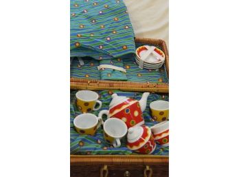 Cool Children's Ceramic Tea Set For Playtime In Great Wicker Carry Case