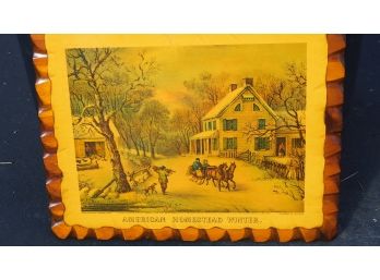 Vintage Laminated Currier & Ives Prints On Scalloped Wood Boards (3)