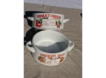 Mid-Century Soup Bowls W/ Recipe On The Side Chicken & Tomato