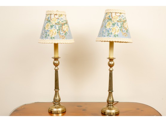 Pair Of Brass Candlestick Lamps With Custom Shades