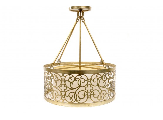 Round Brass Circular Chandelier With Open Scrollwork And Interior Shade