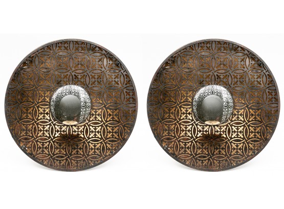 Pair Of Wall Hanging Metal Pierced Wall Candle Holders With Mirrored Center