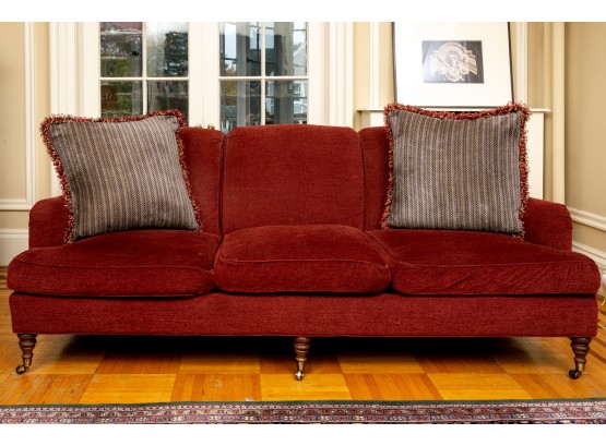 Custom Made Three Cushion Burgundy Sofa With Throw Pillows On Casters