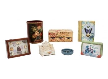 Collection Of Decorative Jewelry Boxes Shadow Box, German Letter Holder And Wastebasket