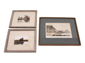 Pair Of Signed J. Robinson Neville Antique Hand-Colored Photographs + Giant's Causeway, 1822 Framed Etching