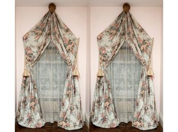 Floral Curtains With Lace Inserts, Tassels And Clam Shell Hardware