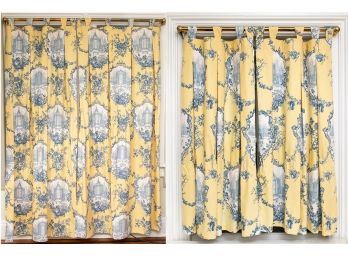 Pair Of Toile Yellow And Blue Curtains With Brass Rods And Hardware