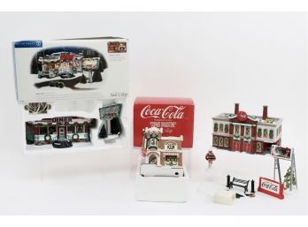 Collection Of Department 56 Snow Village - Shelly's Diner, Coca Cola Bottling Plant And Corner Drugstore