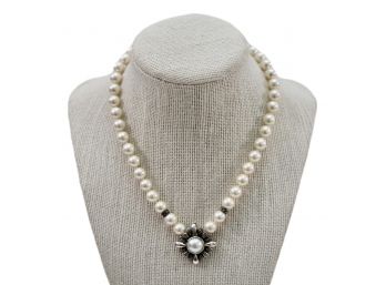 Signed Judith Jack Single Strand Faux Pearl Sterling Silver And Marcasite Necklace