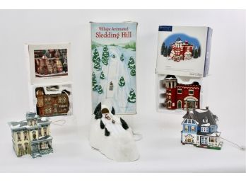 Collection Of Department 56 Snow Village - Sledding Hill, Fire Station, Shingle Victorian And More