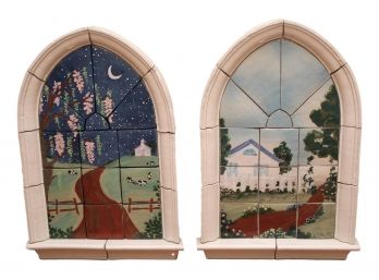 Pair Of Signed Arched Shaped Hand Painted Tile Art Sculptures - Purchased At The Lyndhurst Crafts Fair