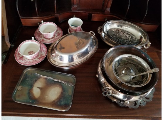 Assorted Silver Plated Serving Items And Copeland Spode 'Pink Tower' Cups/Saucers & More