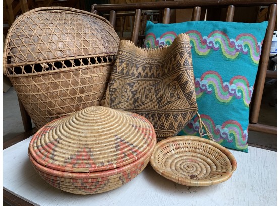 Vintage Woven Baskets, Bag And Pillow