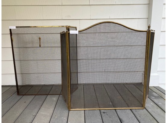Pair Of Vintage Brass And Iron Mesh Fireplace Screens