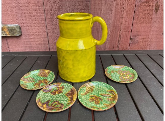 Set Of Vintage Painted Wooden Plates And Ceramic Pitcher