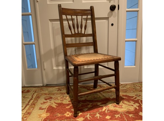 Antique Spindle Back Side Chair With Tooled Leather Seat