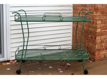 Vintage Green Wrought Iron Rolling Bar Cart