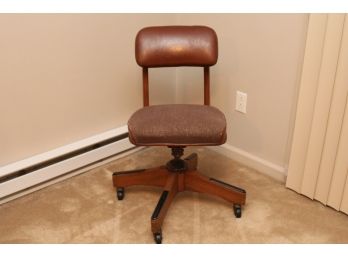 Vintage Leather And Wood Swivel Desk Chair On Casters With Nailhead Stud Trim