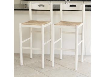 Pair Of Wooden Bar Stools With Rush Seats