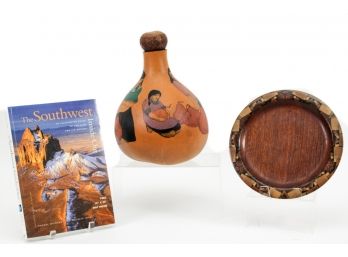 First Edition 'The Southwest Inside Out' Book, GourdMaidens Hand Painted Gourd And Inlaid Wooden Plate