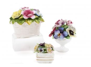 Porcelain Floral Baskets - Adderley, Crown Staffordshire And A Music Box