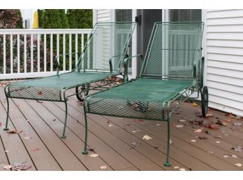 Pair Of Vintage Green Wrought Iron Chaise Lounge Chairs