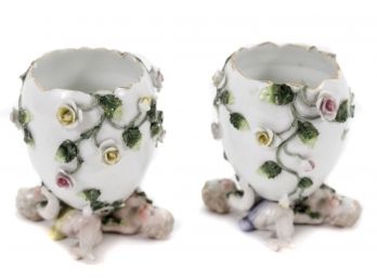Pair Of Signed Antique German Egg Form Porcelain Vases With Child Figurines