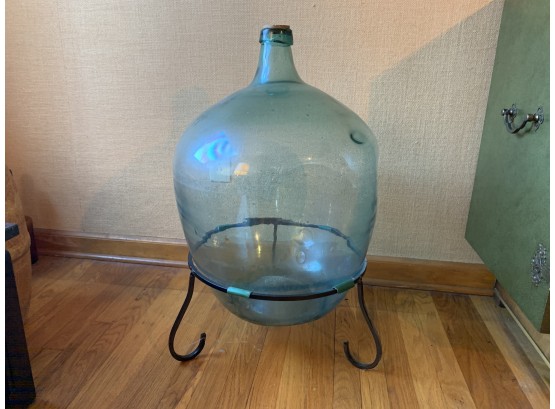 Antique Handblown Blue Glass Jug On Iron Stand With Carved Wood Stopper