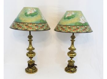 Amazing Pair Of Brass Lamps With Janna Ugone & Co Handmade Shades (Retails $175 Per Shade)