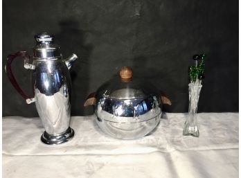 Penguin Ice Bucket, Chrome Martini Shaker/Pourer And Glass Olive Swizzle Sticks