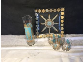 Vintage Turquoise Gold Barware And Serving Plate