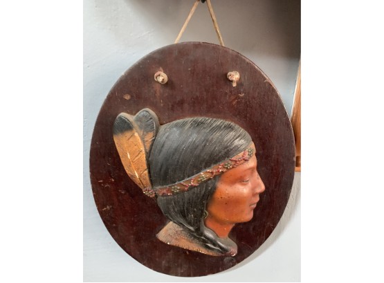 Native Americans Plaster Cast On Wood Plaque