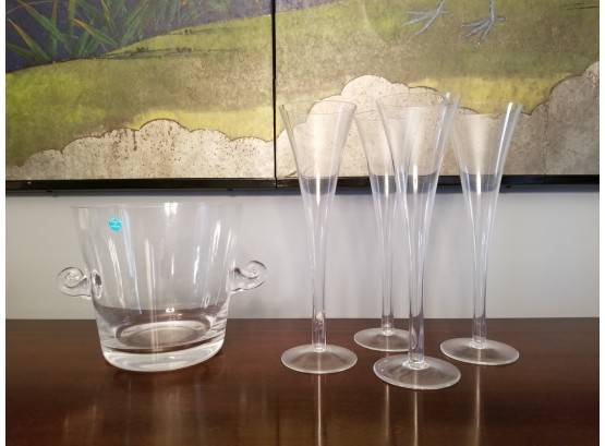 Tiffany & Co. Crystal Ice Bucket & Set/4 Trumpet Toasting Flutes