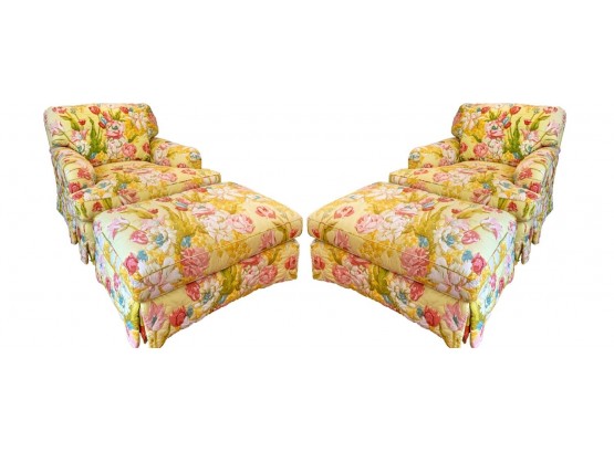 Pair Of Vintage Baker (?) Chintz Floral Club Chairs With Ottomans