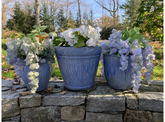 Blue And White Outdoor Planter Trio With Faux Florals