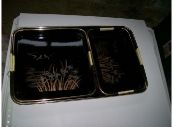 Vintage Toyo Japan Black Lacquered Tray Set Of 3 With Bird Scene