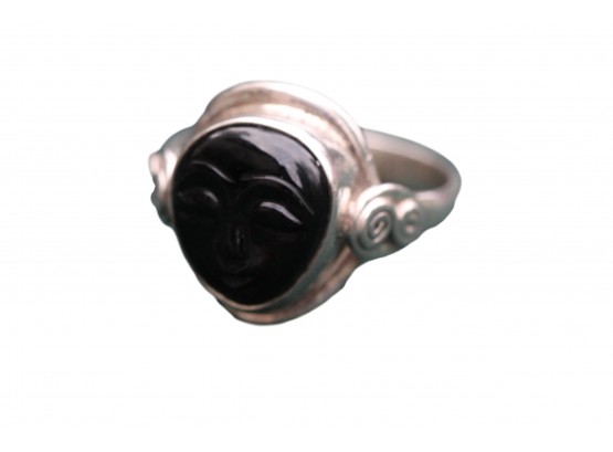 Sterling Silver Carved Onyx Face Ring Size 9.25