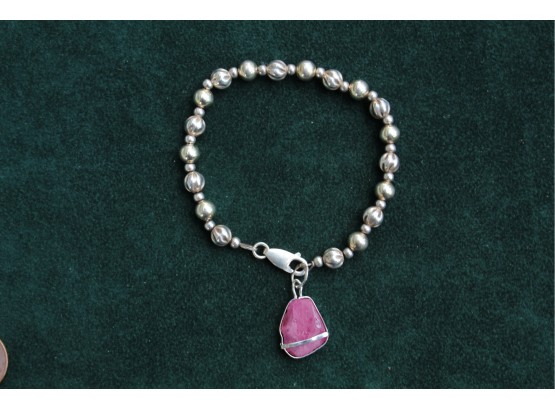 Sterling Silver Bead Bracelet With Ruby Charm Size 7