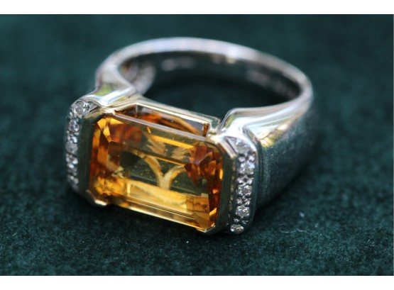 Sterling Silver 18k Gold Citrine Diamond Ring Size 8