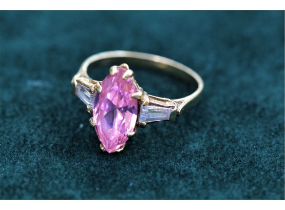 10k Yellow Gold Pink Stone Ring With Cz Sides