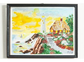 Original Watercolor Painting Of Lighthouse & Cottage