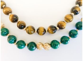14K Gold & Beaded Necklaces, Malachite, Tiger's Eye