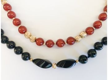 Two 14K Gold & Bead Necklaces, Onyx, Carnelian