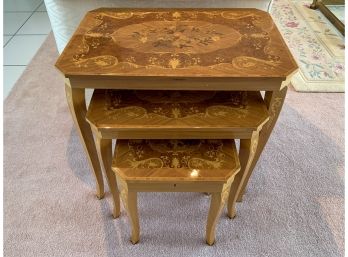 Italian Inlaid Nesting Tables, One With Music Box
